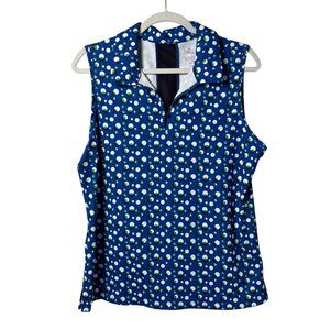 Lillie Green Top Womens L Blue Circle Print Sleeveless Collared Golf Tennis